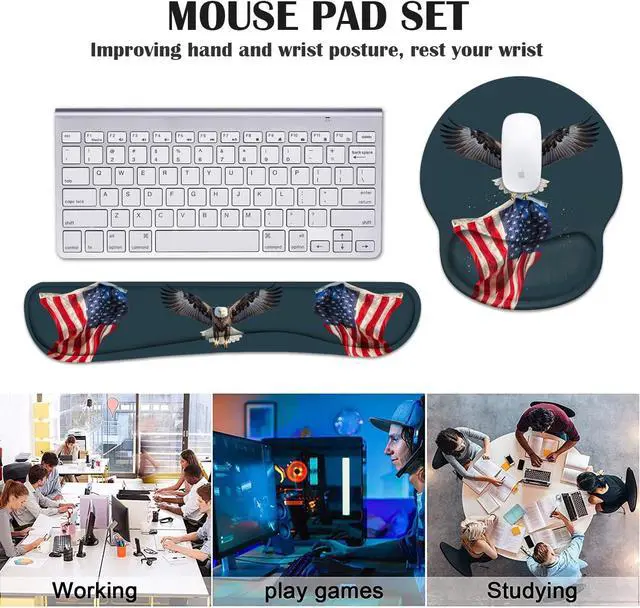 Alt view image 7 of 7 - Keyboard Wrist Rest and Mouse Pad Wrist Rest Support Set with Coasters, Non-Slip PU Base for Gaming and Office, Comfortable & Lightweight for Easy Typing & Pain Relief, American Flag Patriotic Eagle