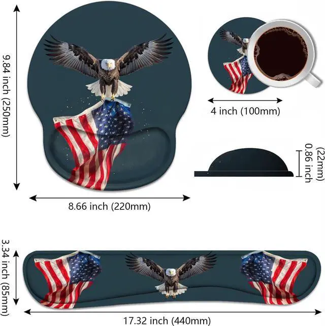 Alt view image 3 of 7 - Keyboard Wrist Rest and Mouse Pad Wrist Rest Support Set with Coasters, Non-Slip PU Base for Gaming and Office, Comfortable & Lightweight for Easy Typing & Pain Relief, American Flag Patriotic Eagle
