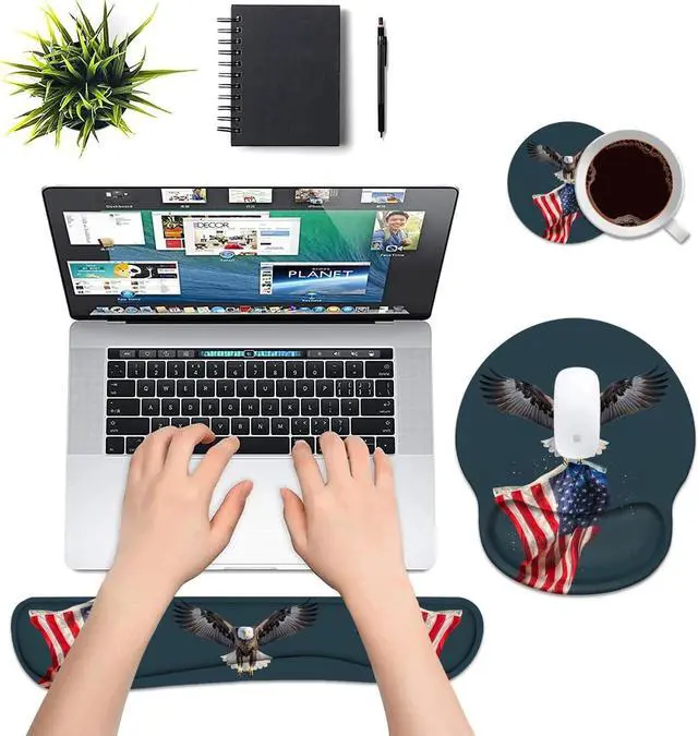 Alt view image 4 of 7 - Keyboard Wrist Rest and Mouse Pad Wrist Rest Support Set with Coasters, Non-Slip PU Base for Gaming and Office, Comfortable & Lightweight for Easy Typing & Pain Relief, American Flag Patriotic Eagle