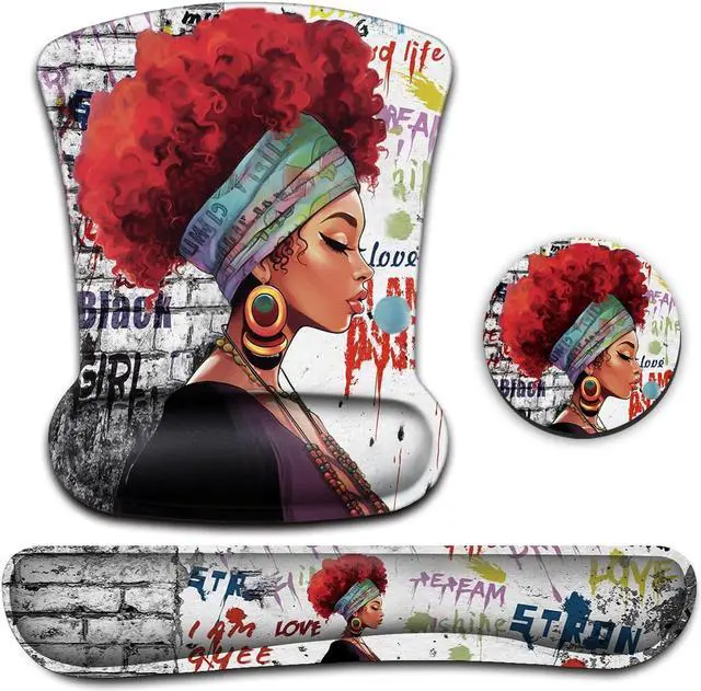 Main image of Ergonomic Mouse Pad Wrist Support Gel and Keyboard Wrist Rest Set African Graffiti Girls with Red Hair Design for Laptop Gaming and Office, Comfortable and Pain Relief + Coaster