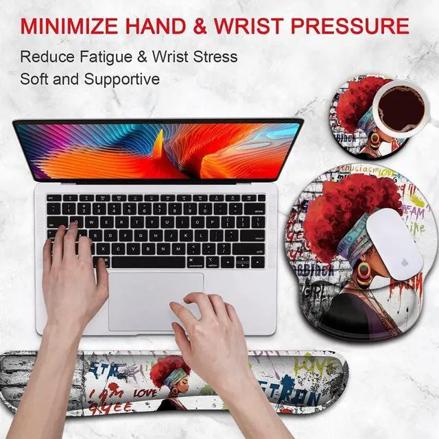 Alt view image 3 of 7 - Ergonomic Mouse Pad Wrist Support Gel and Keyboard Wrist Rest Set African Graffiti Girls with Red Hair Design for Laptop Gaming and Office, Comfortable and Pain Relief + Coaster