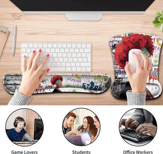 Alt view image 5 of 7 - Ergonomic Mouse Pad Wrist Support Gel and Keyboard Wrist Rest Set African Graffiti Girls with Red Hair Design for Laptop Gaming and Office, Comfortable and Pain Relief + Coaster