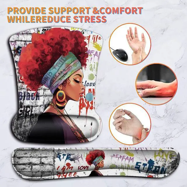 Alt view image 6 of 7 - Ergonomic Mouse Pad Wrist Support Gel and Keyboard Wrist Rest Set African Graffiti Girls with Red Hair Design for Laptop Gaming and Office, Comfortable and Pain Relief + Coaster