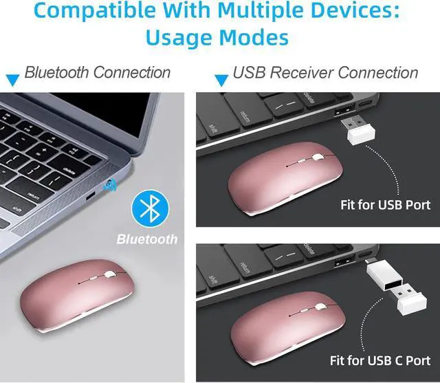 Alt view image 6 of 7 - Vxeei Bluetooth Mouse for Laptop, Wireless Mouse for MacBook Pro/Air/Mac/iPad/Chromebook/Computer -Rechargeale Dual Mode(USB 2.4Ghz + Bluetooth 5.2) Silent Cordless Mouse with USB C Adapter,Rosegold