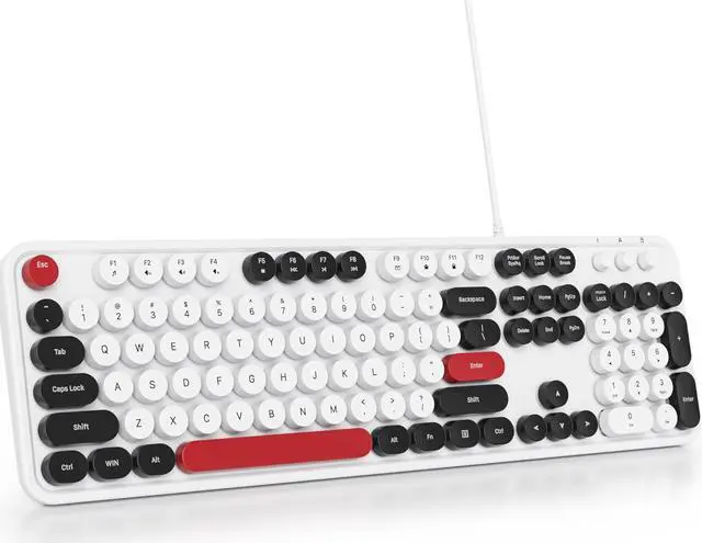 Main image of Owpkeenthy Computer Keyboard Wired, Plug and Play USB Retro Round Typewriter Keyboard, Full Size Wired Keyboard with Foldable Stands for Laptop and Office PC (White)