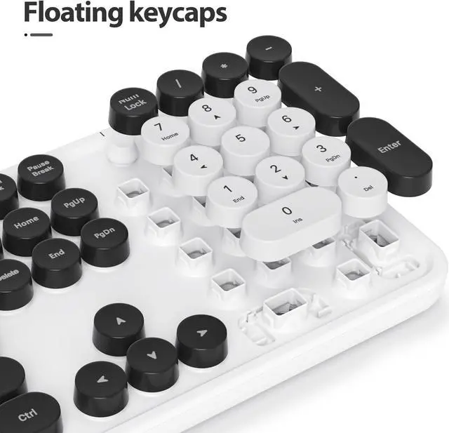 Alt view image 3 of 6 - Owpkeenthy Computer Keyboard Wired, Plug and Play USB Retro Round Typewriter Keyboard, Full Size Wired Keyboard with Foldable Stands for Laptop and Office PC (White)
