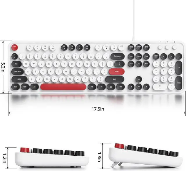 Alt view image 4 of 6 - Owpkeenthy Computer Keyboard Wired, Plug and Play USB Retro Round Typewriter Keyboard, Full Size Wired Keyboard with Foldable Stands for Laptop and Office PC (White)