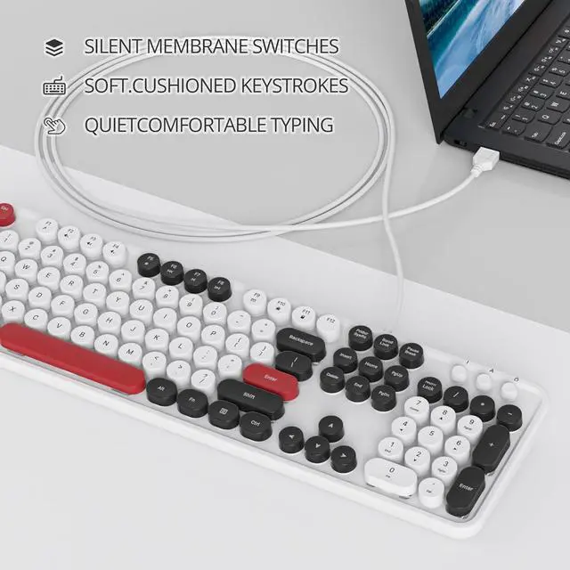 Alt view image 2 of 6 - Owpkeenthy Computer Keyboard Wired, Plug and Play USB Retro Round Typewriter Keyboard, Full Size Wired Keyboard with Foldable Stands for Laptop and Office PC (White)