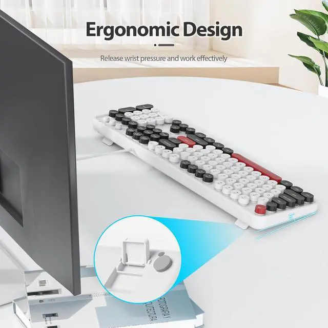 Alt view image 6 of 6 - Owpkeenthy Computer Keyboard Wired, Plug and Play USB Retro Round Typewriter Keyboard, Full Size Wired Keyboard with Foldable Stands for Laptop and Office PC (White)