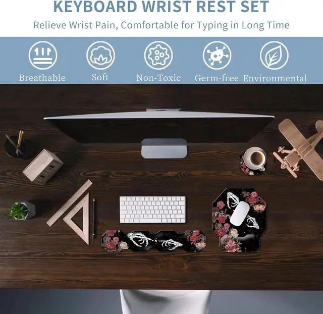 Alt view image 2 of 7 - Keyboard Wrist Rest & Ergonomic Mouse Wrist Rest Pad Set, Octagon Mouse Pad Made of Memory Foam with Non Slip Rubber Base Easy Typing Relieve Wrist Pain for Computer Office - Rose Skull Skeleton