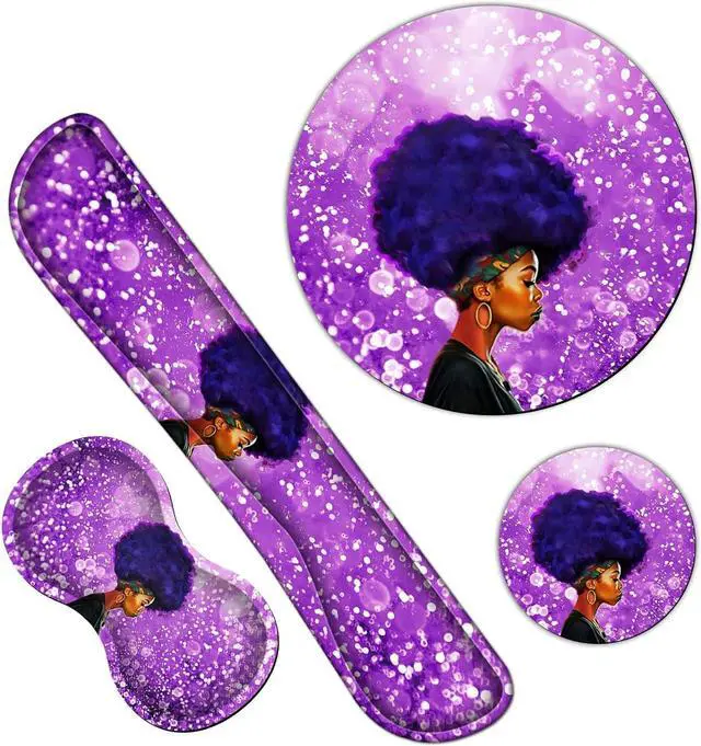 Main image of Ergonomic Keyboard Wrist Rests Gel Memory Foam Mouse Pad with Round Mousepad + Coasters, Wrist Support Set with Non Slip Base for Gaming Office Laptop Easy Typing & Pain Relief, Purple African Girl