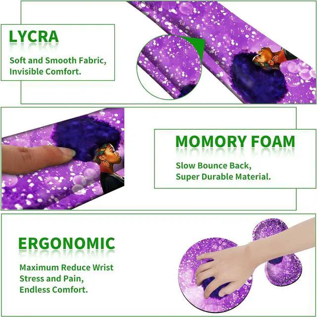 Alt view image 3 of 7 - Ergonomic Keyboard Wrist Rests Gel Memory Foam Mouse Pad with Round Mousepad + Coasters, Wrist Support Set with Non Slip Base for Gaming Office Laptop Easy Typing & Pain Relief, Purple African Girl