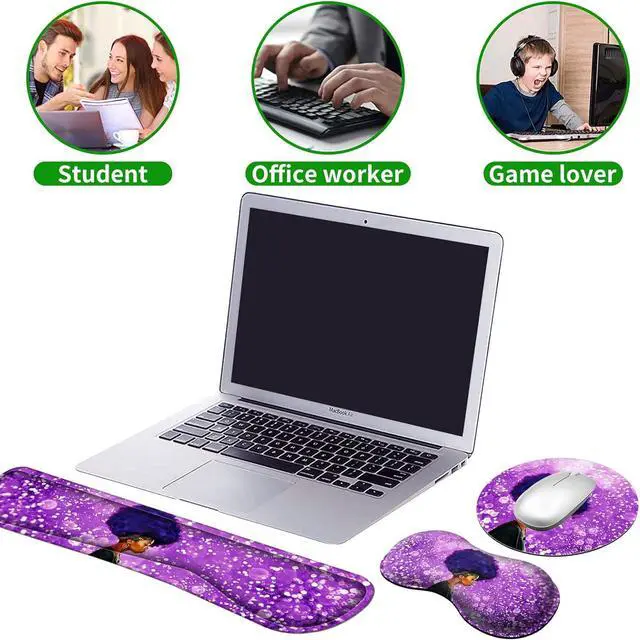 Alt view image 5 of 7 - Ergonomic Keyboard Wrist Rests Gel Memory Foam Mouse Pad with Round Mousepad + Coasters, Wrist Support Set with Non Slip Base for Gaming Office Laptop Easy Typing & Pain Relief, Purple African Girl