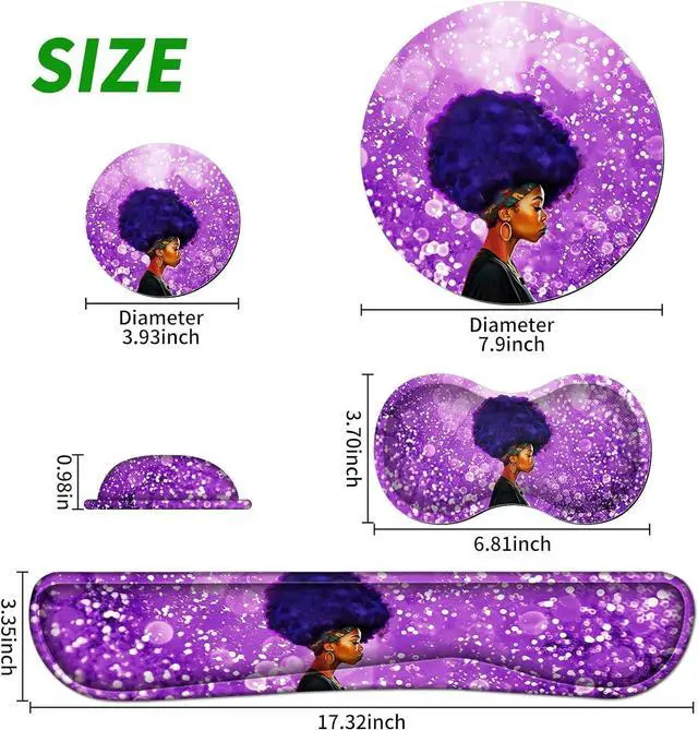 Alt view image 6 of 7 - Ergonomic Keyboard Wrist Rests Gel Memory Foam Mouse Pad with Round Mousepad + Coasters, Wrist Support Set with Non Slip Base for Gaming Office Laptop Easy Typing & Pain Relief, Purple African Girl