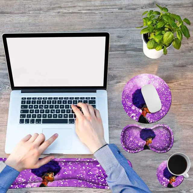 Alt view image 7 of 7 - Ergonomic Keyboard Wrist Rests Gel Memory Foam Mouse Pad with Round Mousepad + Coasters, Wrist Support Set with Non Slip Base for Gaming Office Laptop Easy Typing & Pain Relief, Purple African Girl