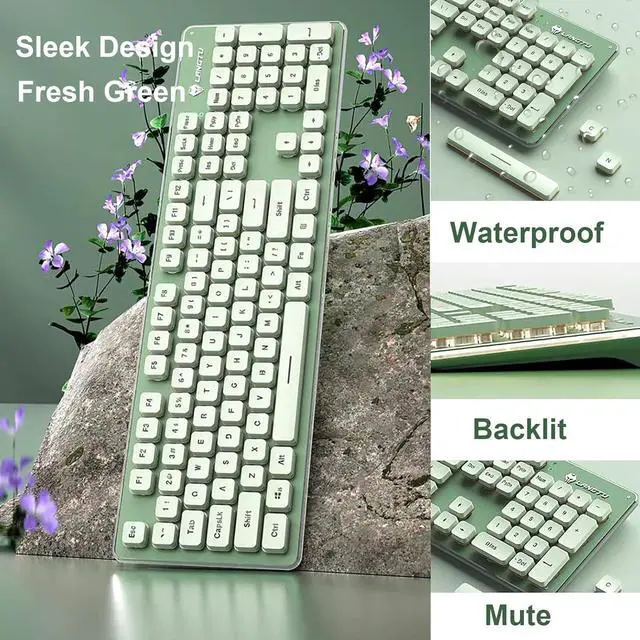 Alt view image 2 of 7 - Wireless Keyboard and Mouse Combo, Rechargeable Metal Full Size Mute Keyboard and Ergonomic Mice, 2.4G Ultra-Thin Sleek Design for Windows Computer Desktop PC Laptop (Matcha Green with Warm Light)