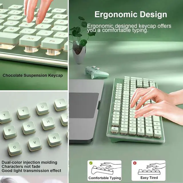 Alt view image 3 of 7 - Wireless Keyboard and Mouse Combo, Rechargeable Metal Full Size Mute Keyboard and Ergonomic Mice, 2.4G Ultra-Thin Sleek Design for Windows Computer Desktop PC Laptop (Matcha Green with Warm Light)