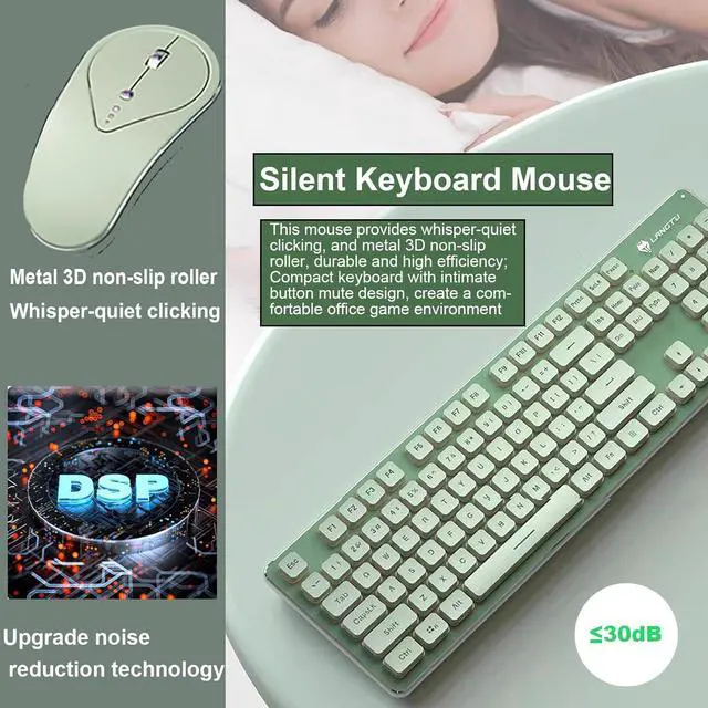 Alt view image 4 of 7 - Wireless Keyboard and Mouse Combo, Rechargeable Metal Full Size Mute Keyboard and Ergonomic Mice, 2.4G Ultra-Thin Sleek Design for Windows Computer Desktop PC Laptop (Matcha Green with Warm Light)