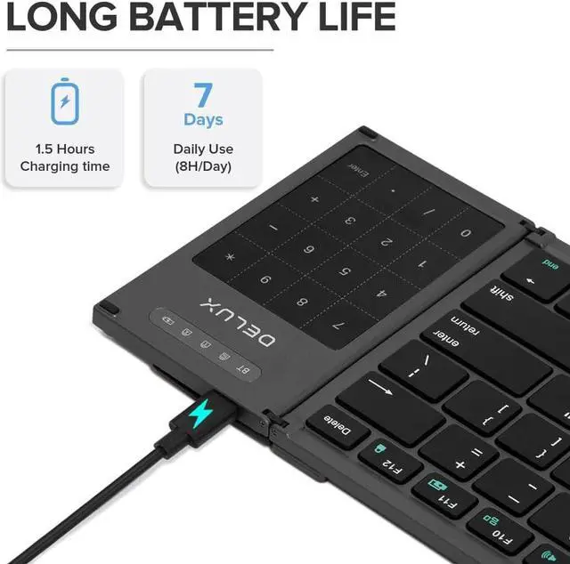Alt view image 3 of 7 - DeLUX Full Size Folding Keyboard 78 Keys, Wireless Bluetooth Keyboard with 2-in-1 Touchpad, Portable Travel Multi-Device and Multi-System Keyboard (KF17)