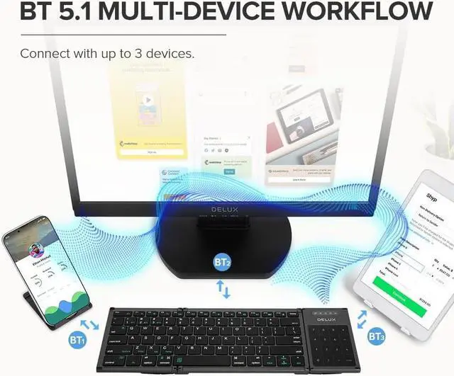 Alt view image 4 of 7 - DeLUX Full Size Folding Keyboard 78 Keys, Wireless Bluetooth Keyboard with 2-in-1 Touchpad, Portable Travel Multi-Device and Multi-System Keyboard (KF17)