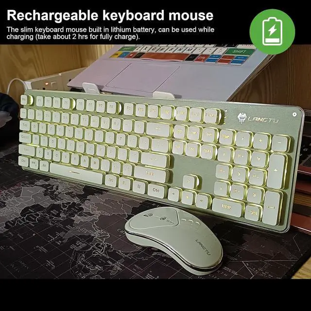 Alt view image 7 of 7 - Wireless Keyboard and Mouse Combo, Rechargeable Metal Full Size Mute Keyboard and Ergonomic Mice, 2.4G Ultra-Thin Sleek Design for Windows Computer Desktop PC Laptop (Matcha Green with Warm Light)