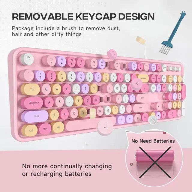 Alt view image 2 of 7 - Dilter Wired Keyboard, 104 Keys Full-Sized Typewriter Keyboards, USB Plug and Play Office Keyboard with Number Pad, Caps Indicators, Foldable Stands for Windows, PC, Laptop (Pink Colorful)