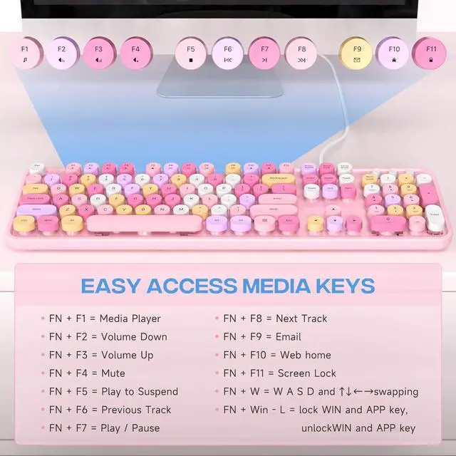Alt view image 6 of 7 - Dilter Wired Keyboard, 104 Keys Full-Sized Typewriter Keyboards, USB Plug and Play Office Keyboard with Number Pad, Caps Indicators, Foldable Stands for Windows, PC, Laptop (Pink Colorful)