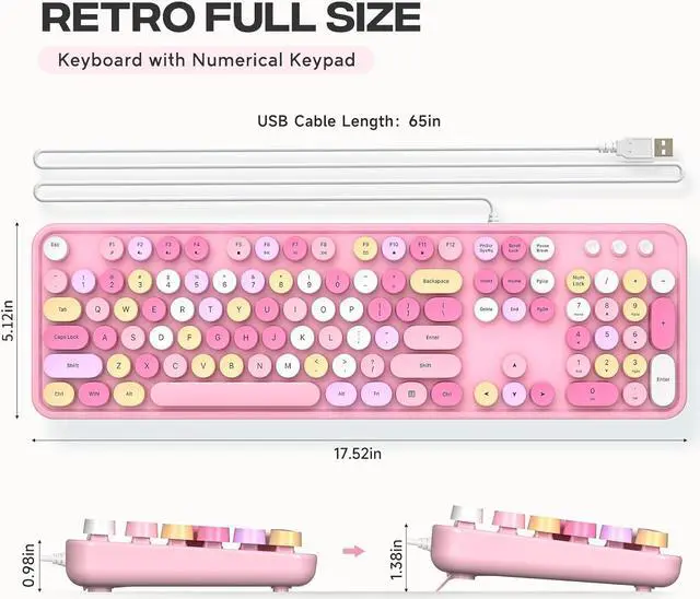 Alt view image 7 of 7 - Dilter Wired Keyboard, 104 Keys Full-Sized Typewriter Keyboards, USB Plug and Play Office Keyboard with Number Pad, Caps Indicators, Foldable Stands for Windows, PC, Laptop (Pink Colorful)