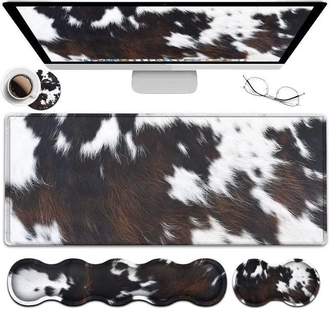 Main image of Gaming Mouse Pad XXL Large Desk Cute Black Cowhide Extended Mousepad Ergonomic Memory Foam Keyboard Wrist Rest, Stitched Edges Desk Pad(31.5x11.8 in) Extended Large Mousepads Wrist Rest Set