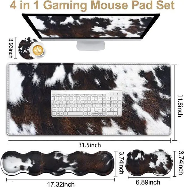 Alt view image 2 of 7 - Gaming Mouse Pad XXL Large Desk Cute Black Cowhide Extended Mousepad Ergonomic Memory Foam Keyboard Wrist Rest, Stitched Edges Desk Pad(31.5x11.8 in) Extended Large Mousepads Wrist Rest Set