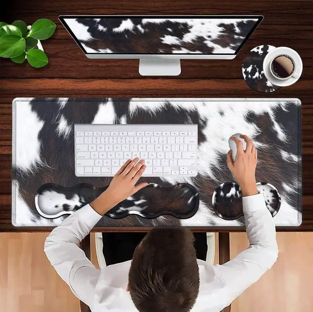 Alt view image 4 of 7 - Gaming Mouse Pad XXL Large Desk Cute Black Cowhide Extended Mousepad Ergonomic Memory Foam Keyboard Wrist Rest, Stitched Edges Desk Pad(31.5x11.8 in) Extended Large Mousepads Wrist Rest Set