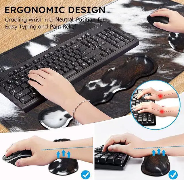 Alt view image 5 of 7 - Gaming Mouse Pad XXL Large Desk Cute Black Cowhide Extended Mousepad Ergonomic Memory Foam Keyboard Wrist Rest, Stitched Edges Desk Pad(31.5x11.8 in) Extended Large Mousepads Wrist Rest Set