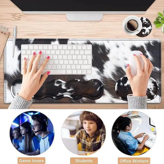 Alt view image 7 of 7 - Gaming Mouse Pad XXL Large Desk Cute Black Cowhide Extended Mousepad Ergonomic Memory Foam Keyboard Wrist Rest, Stitched Edges Desk Pad(31.5x11.8 in) Extended Large Mousepads Wrist Rest Set