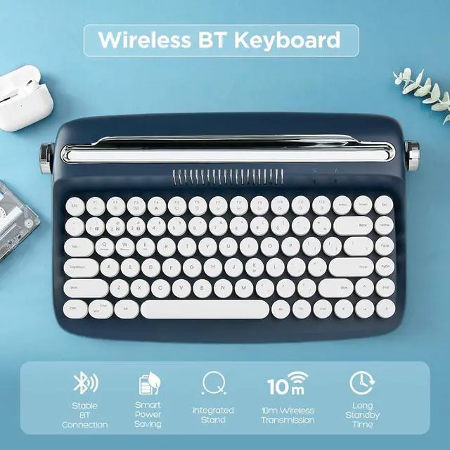 Alt view image 3 of 7 - YUNZII ACTTO B303 Wireless Typewriter Keyboard, Retro Bluetooth Aesthetic Keyboard with Integrated Stand for Multi-Device (B303, Midnight)