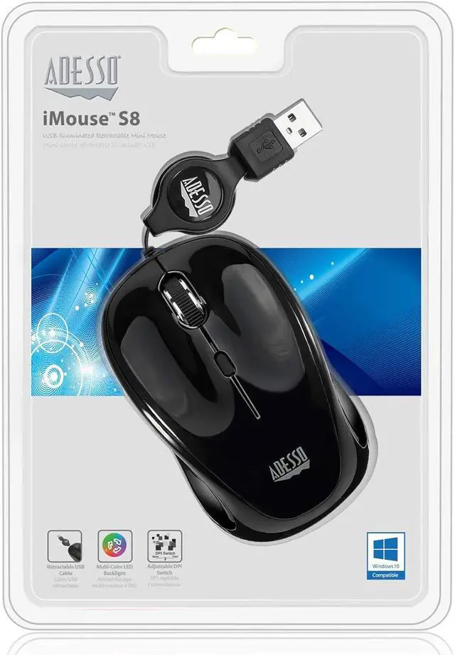 Alt view image 7 of 7 - Adesso Ergonomic iMouse S8 - Retractable Optical USB Mouse (Black)