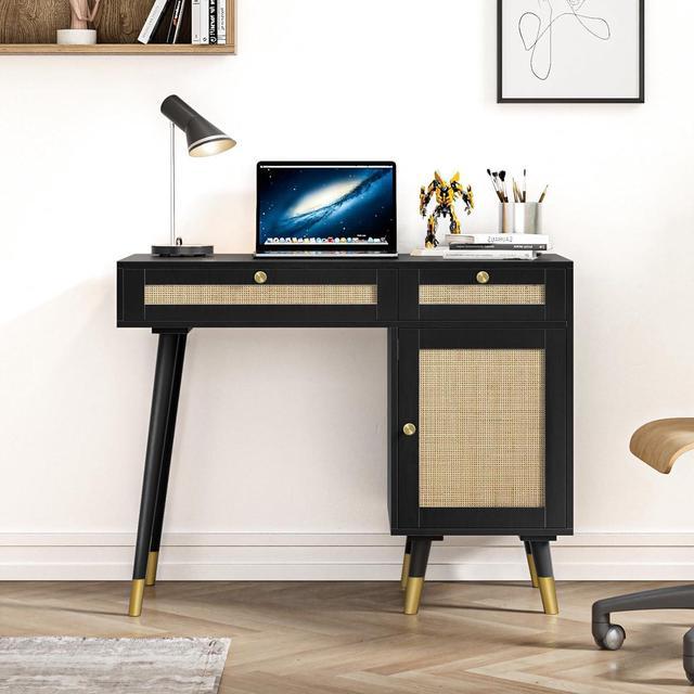 Anmytek Rattan Vanity Desk with Drawers and Storage Black Makeup Vanity Table Modern Home Office Desk Computer Desk for Bedroom Study D0005 Newegg