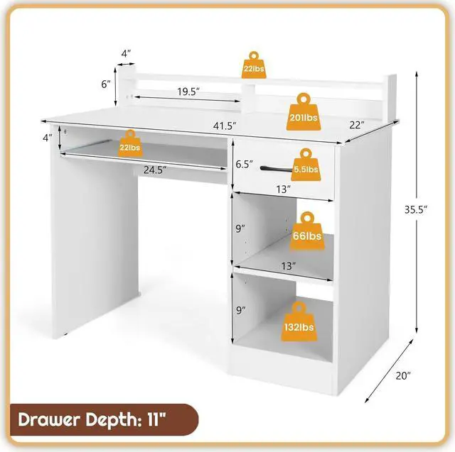 Alt view image 3 of 7 - SILKYDRY Computer Desk with Hutch & Keyboard Tray, Home Office Workstation with Drawer, Adjustable Shelves, Modern Vanity Table for Bedroom, Wooden Writing Study Laptop PC Desk (White)