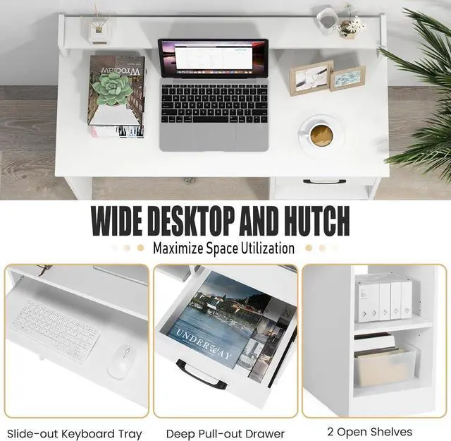 Alt view image 4 of 7 - SILKYDRY Computer Desk with Hutch & Keyboard Tray, Home Office Workstation with Drawer, Adjustable Shelves, Modern Vanity Table for Bedroom, Wooden Writing Study Laptop PC Desk (White)