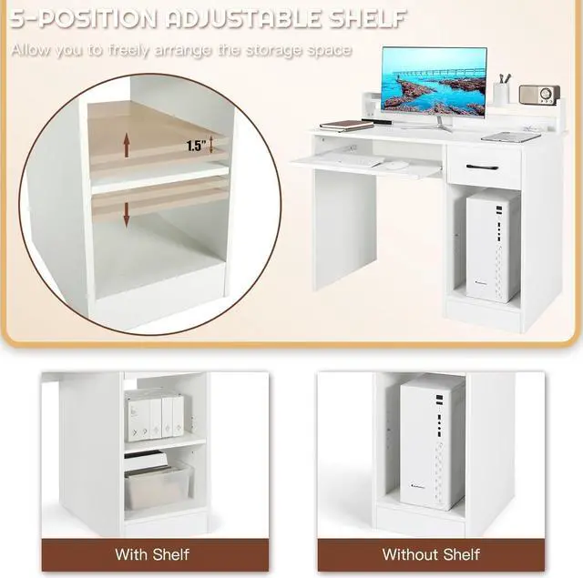 Alt view image 5 of 7 - SILKYDRY Computer Desk with Hutch & Keyboard Tray, Home Office Workstation with Drawer, Adjustable Shelves, Modern Vanity Table for Bedroom, Wooden Writing Study Laptop PC Desk (White)
