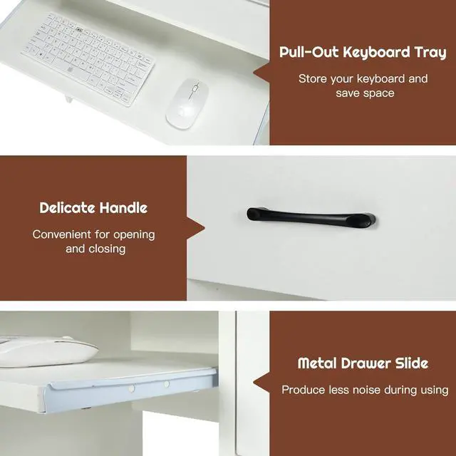 Alt view image 7 of 7 - SILKYDRY Computer Desk with Hutch & Keyboard Tray, Home Office Workstation with Drawer, Adjustable Shelves, Modern Vanity Table for Bedroom, Wooden Writing Study Laptop PC Desk (White)