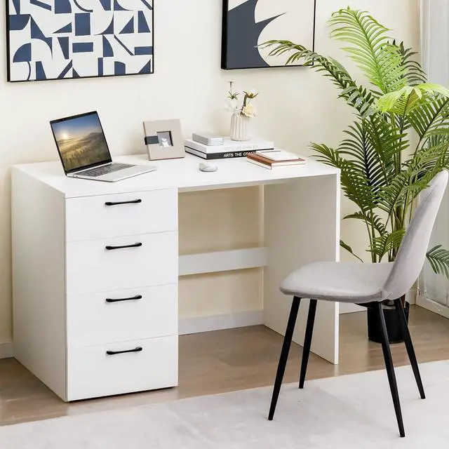 Alt view image 2 of 7 - Tangkula White Desk with 4 Storage Drawers, Home Office Writing Desk, Modern Executive Desk, Laptop PC Desk, Vanity Makeup Table, Computer Workstation for Bedroom, Study Room, Office