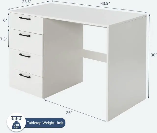 Alt view image 3 of 7 - Tangkula White Desk with 4 Storage Drawers, Home Office Writing Desk, Modern Executive Desk, Laptop PC Desk, Vanity Makeup Table, Computer Workstation for Bedroom, Study Room, Office