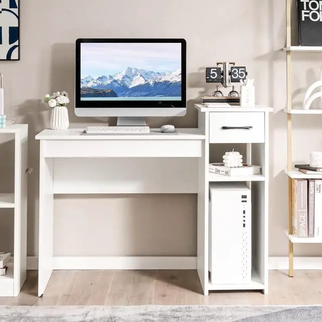 Alt view image 2 of 7 - Tangkula White Desk with Storage Drawer & Shelves, Compact Desk for Small Space, Modern Wooden Study Desk Writing Desk with Storage Drawer & Compartments, PC Laptop Desk Small Desk for Bedroom