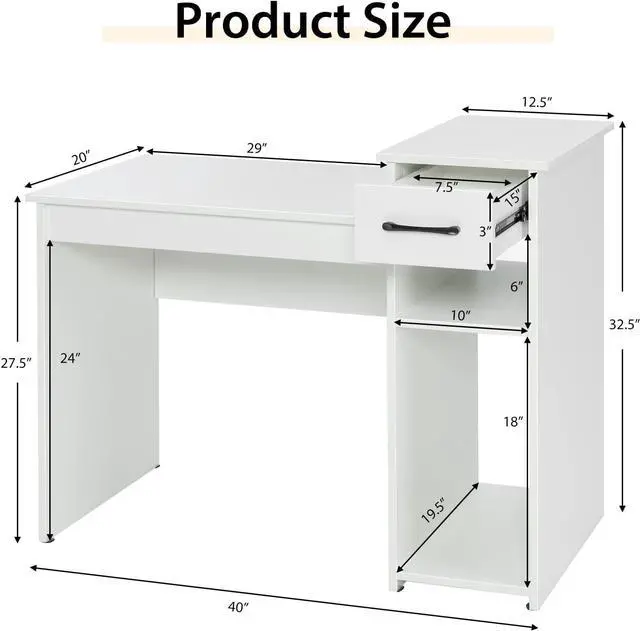 Alt view image 3 of 7 - Tangkula White Desk with Storage Drawer & Shelves, Compact Desk for Small Space, Modern Wooden Study Desk Writing Desk with Storage Drawer & Compartments, PC Laptop Desk Small Desk for Bedroom