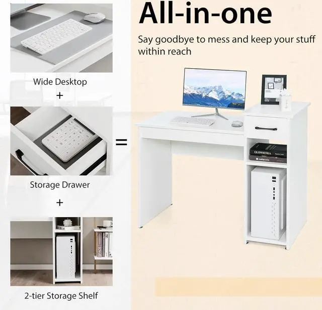 Alt view image 6 of 7 - Tangkula White Desk with Storage Drawer & Shelves, Compact Desk for Small Space, Modern Wooden Study Desk Writing Desk with Storage Drawer & Compartments, PC Laptop Desk Small Desk for Bedroom