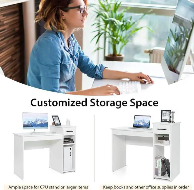 Alt view image 7 of 7 - Tangkula White Desk with Storage Drawer & Shelves, Compact Desk for Small Space, Modern Wooden Study Desk Writing Desk with Storage Drawer & Compartments, PC Laptop Desk Small Desk for Bedroom