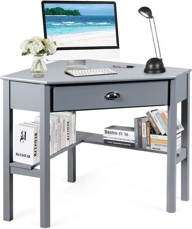 Main image of Tangkula Corner Desk, Corner Computer Desk with Drawer for Small Space, Small Corner Makeup Vanity Desk, 90 Degrees Triangle Corner Desk with Storage Shelves (Grey)