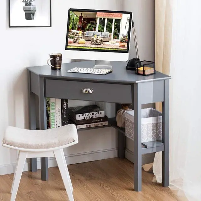 Alt view image 2 of 7 - Tangkula Corner Desk, Corner Computer Desk with Drawer for Small Space, Small Corner Makeup Vanity Desk, 90 Degrees Triangle Corner Desk with Storage Shelves (Grey)