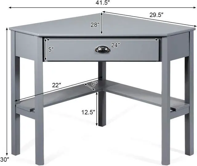 Alt view image 3 of 7 - Tangkula Corner Desk, Corner Computer Desk with Drawer for Small Space, Small Corner Makeup Vanity Desk, 90 Degrees Triangle Corner Desk with Storage Shelves (Grey)