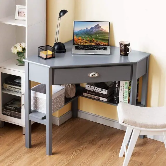 Alt view image 4 of 7 - Tangkula Corner Desk, Corner Computer Desk with Drawer for Small Space, Small Corner Makeup Vanity Desk, 90 Degrees Triangle Corner Desk with Storage Shelves (Grey)